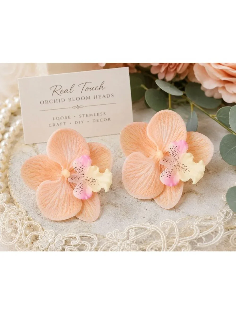 Peach Champagne Real Touch Orchid Heads Set of 2, 3.5 Inch Phalaenopsis Blooms f